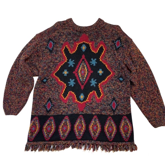 Vintage 90s Cynthia Women's Ramie Cotton Tribal Native Fringe Sweater Size 2X - Picture 1 of 9